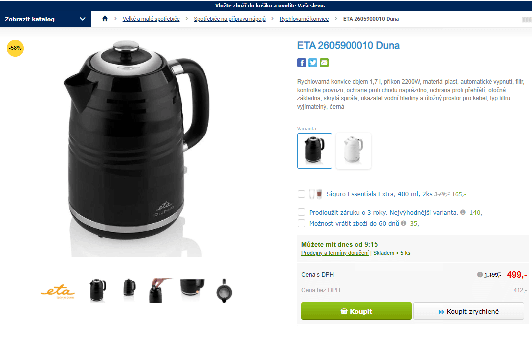 Rychlovarná konvice ETA Duna, 1,7 l