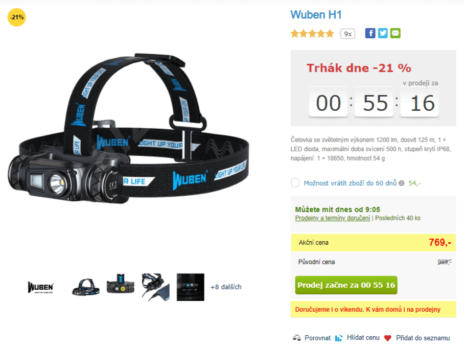 Čelovka Wuben, 500 hodin, 125 metrů