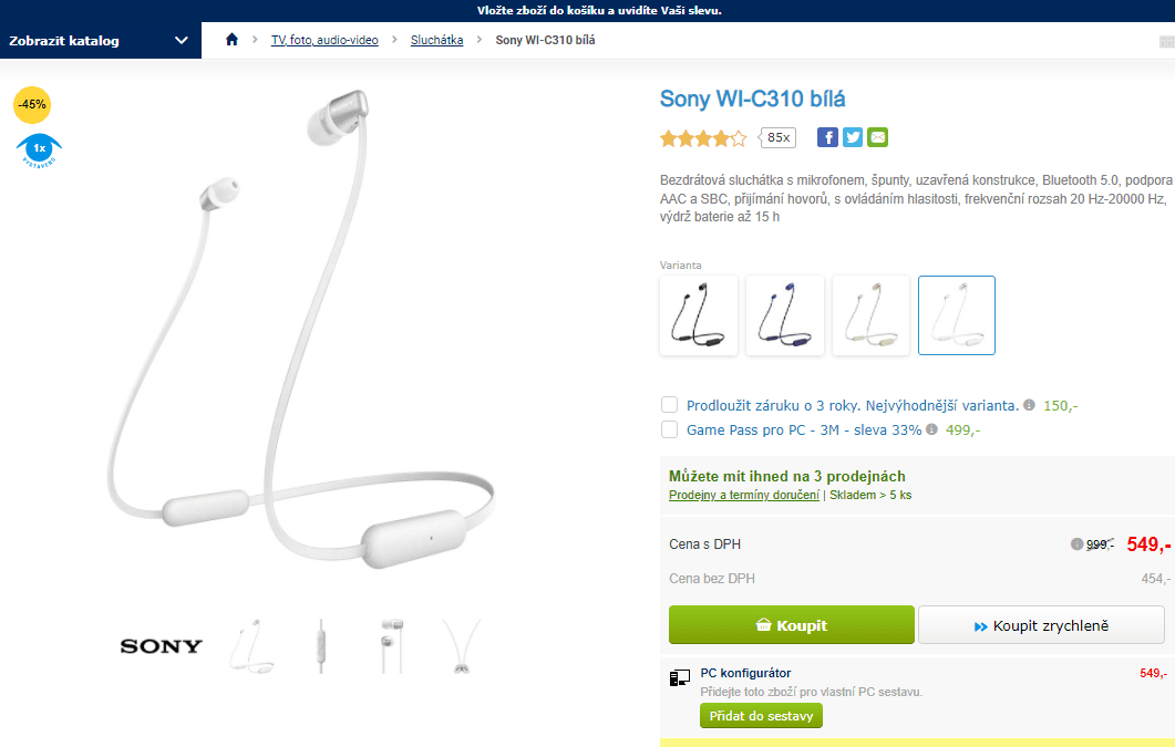 BT sluchátka Sony WI-C310, asistent
