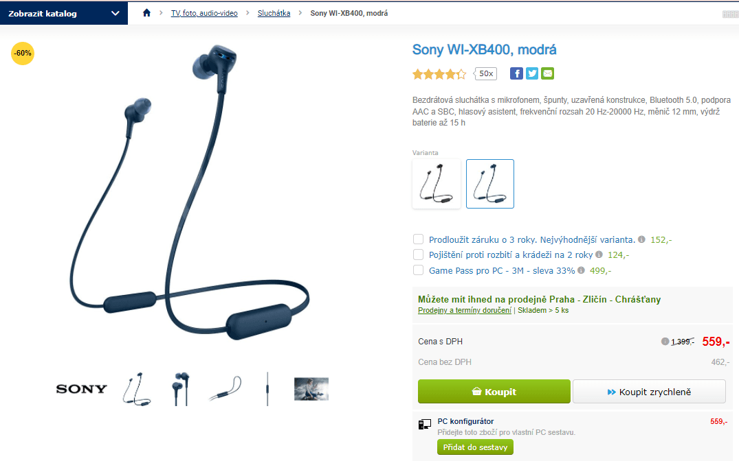 BT sluchátka Sony WI-XB400, modrá