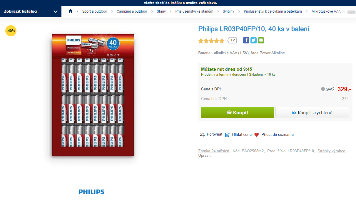 Baterie Philips alkaické, 40 ks, AAA