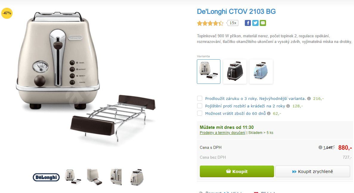 Topinkovač De'Longhi, 900W, rozmrazování