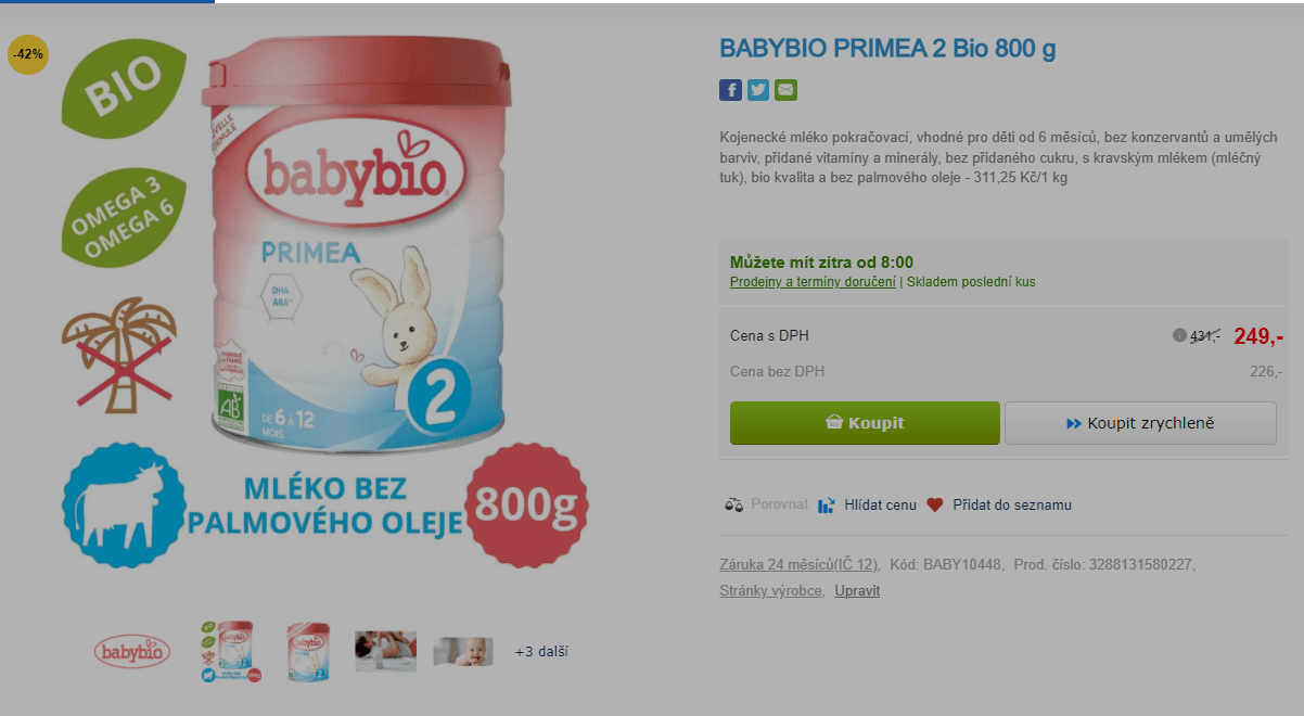 Kojenecké mléko Babybio Primea 2 Bio 800 g