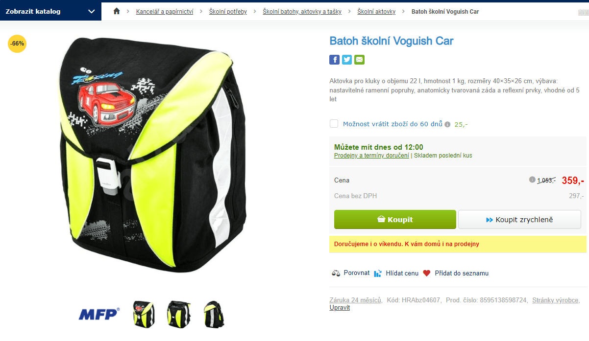 Batoh školní Voguish Car, objem 22 l