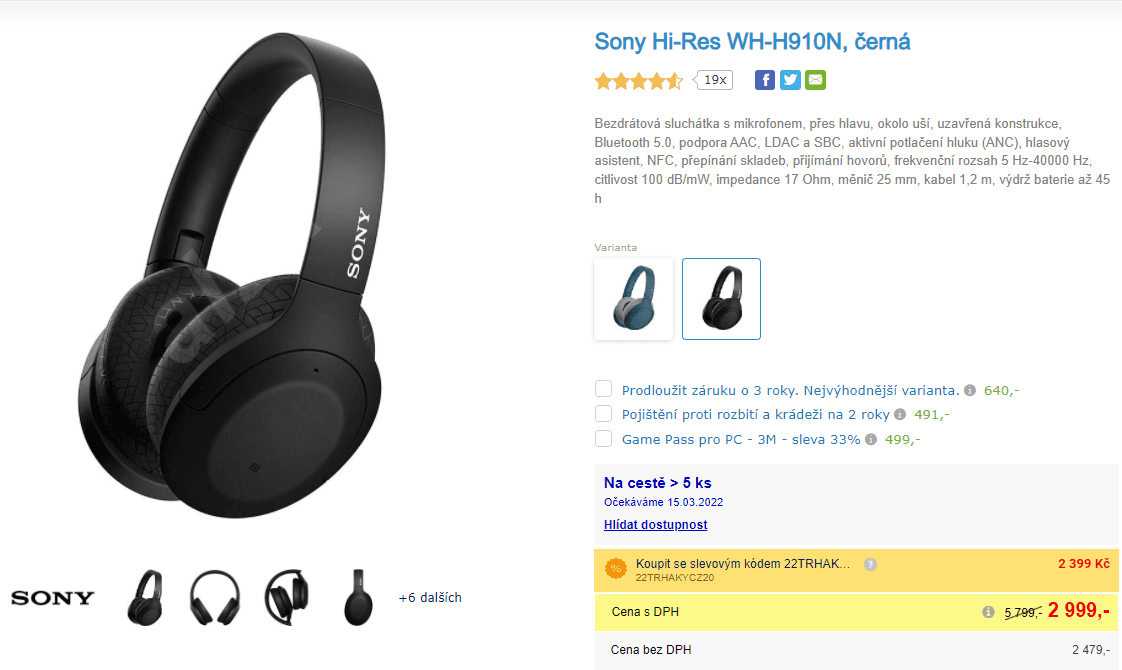 Bezdrátová sluchátka Sony WH-H910N