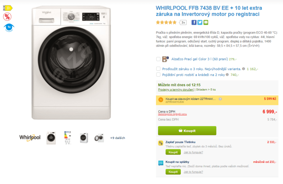 Pračka Whirlpool, 7 kg, 1400 ot/min, pára