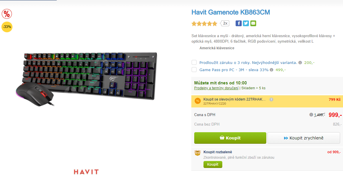 Set herní klávesnice a myši Havit