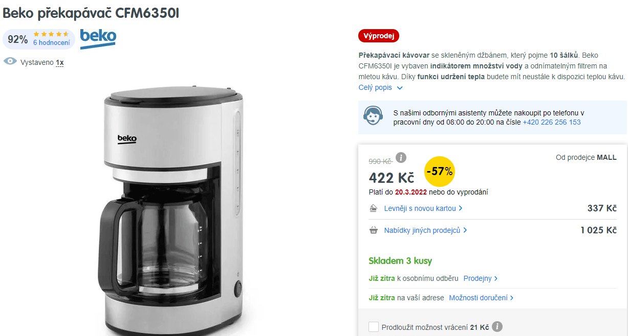 Překapávací kávovar Beko, 10 šálků