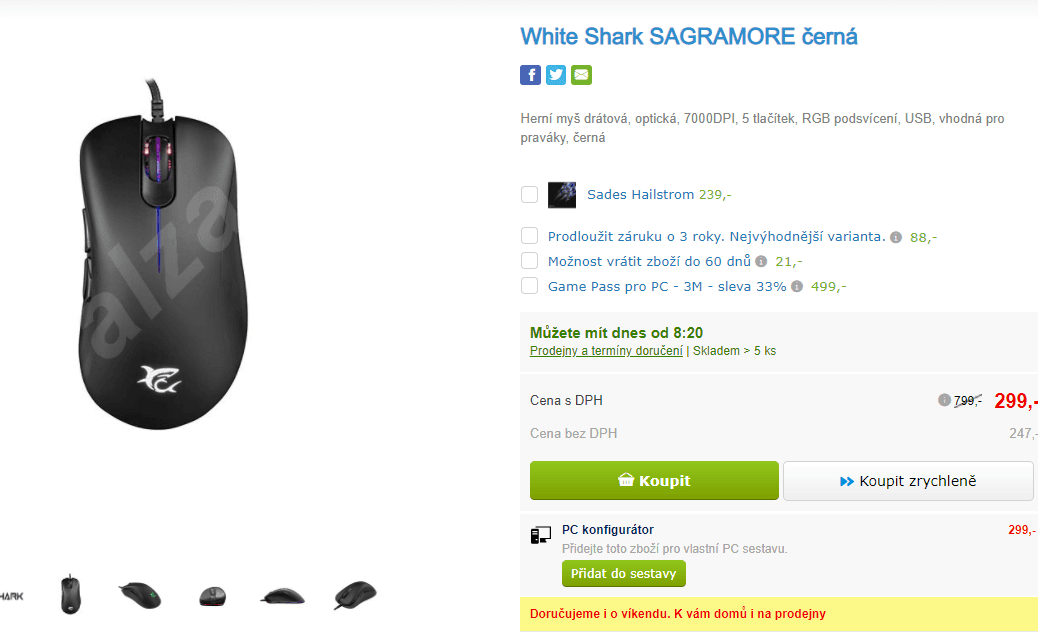 Herní drátová myš White Shark, optická