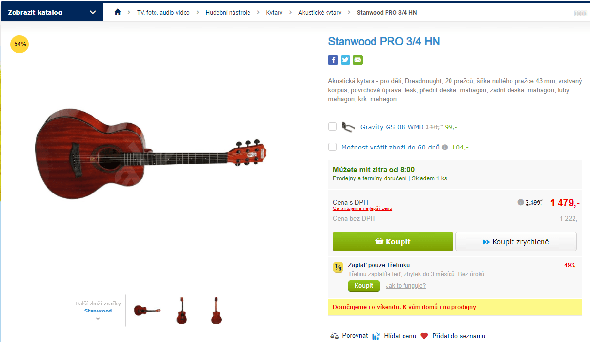 Dětská akustická kytara Stanwood 3/4