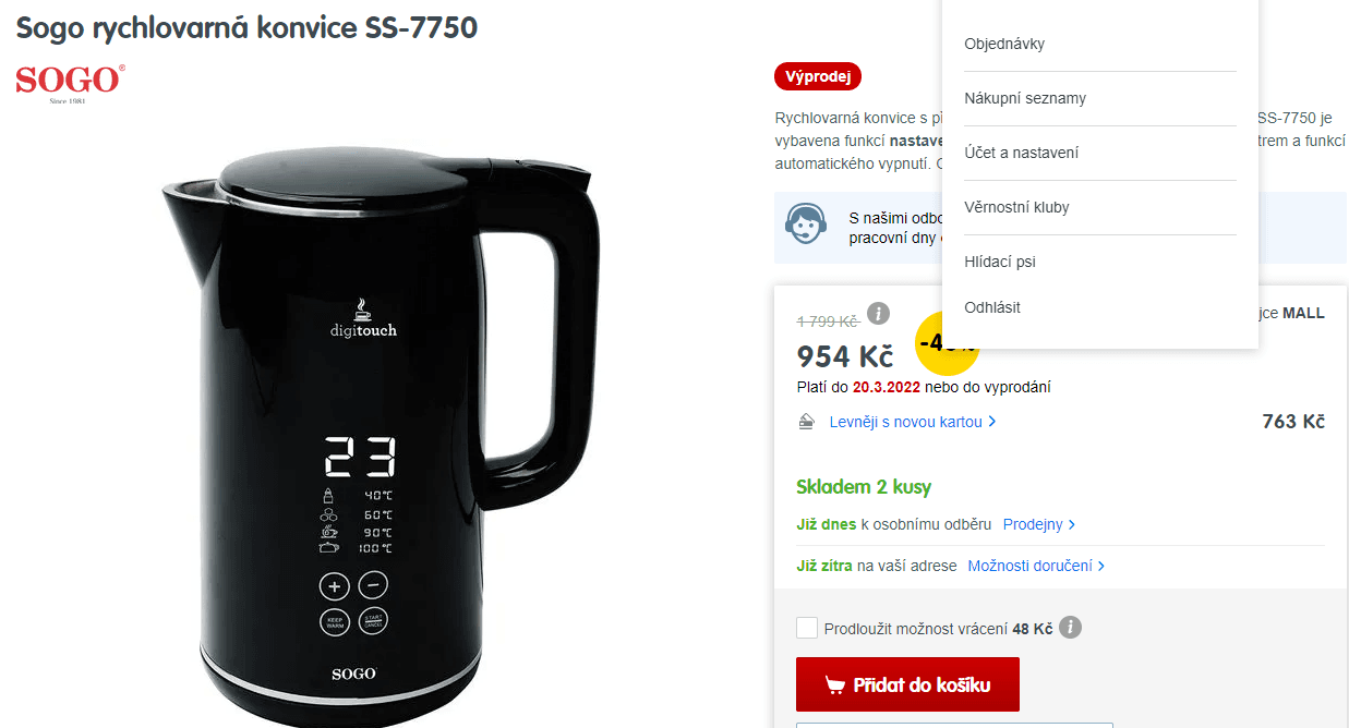 Rychlovarná konvice Sogo, 1,7l., teploty