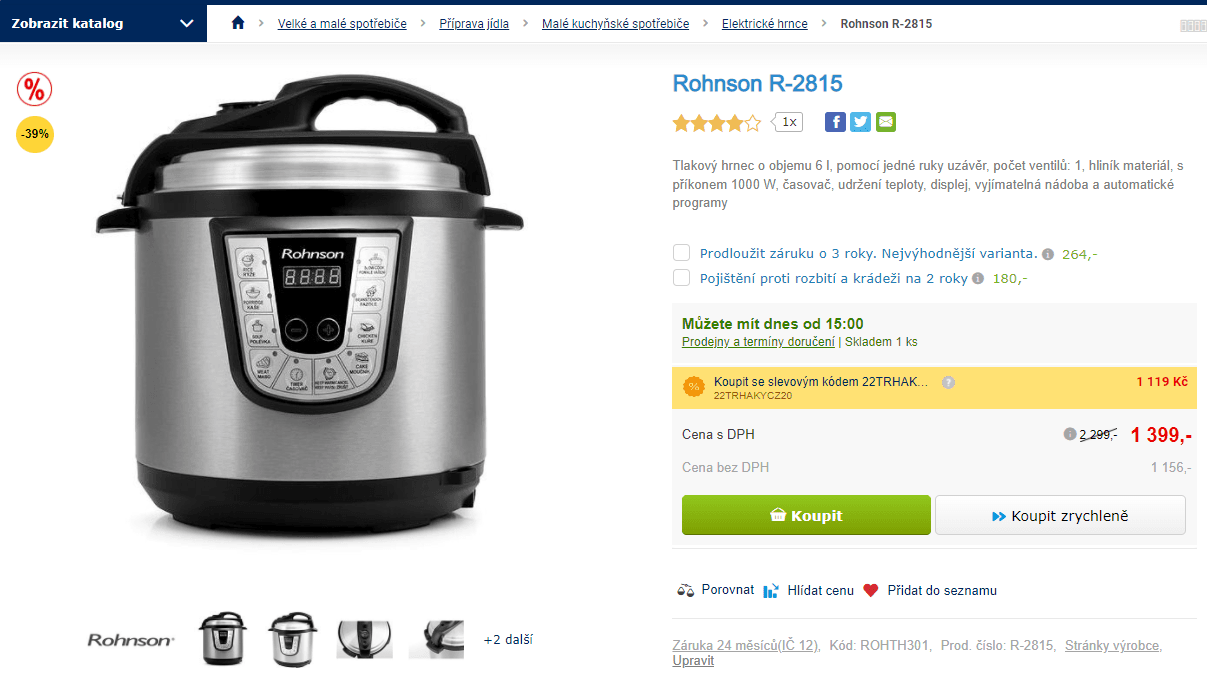 Elektrický tlakový hrnec Rohnson, 6 l