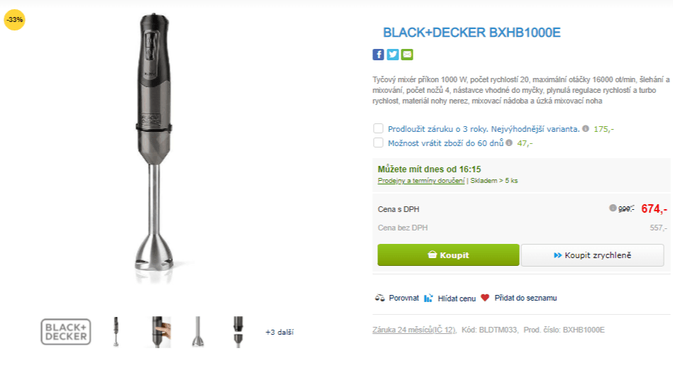 Tyčový mixér Black+Decker, 20 rychlostí