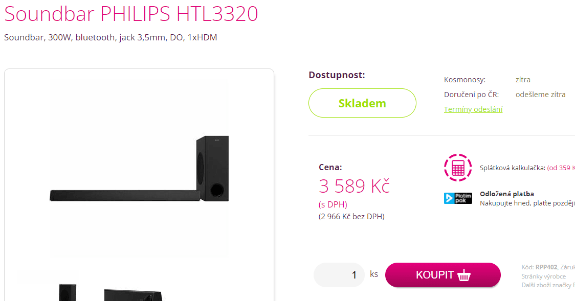 Soundbar + subwoofer Philips, 300W