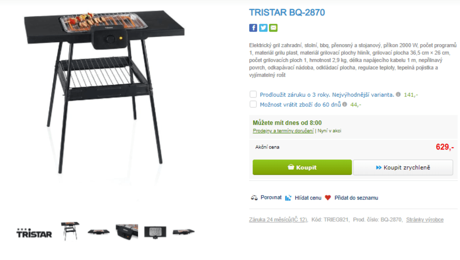 El. gril Tristar, 37x26 cm, výška 74cm