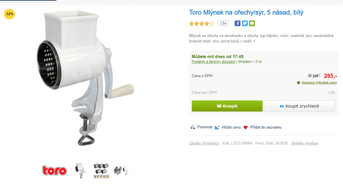 Mlýnek na ořechy / sýr Toro, 5 násad