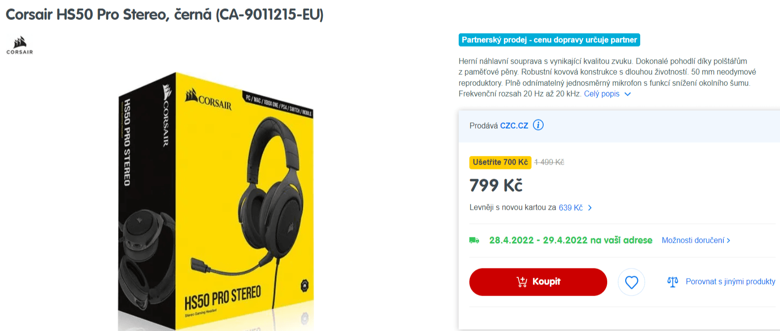 Herní sluchátka Corsair HS50 Pro