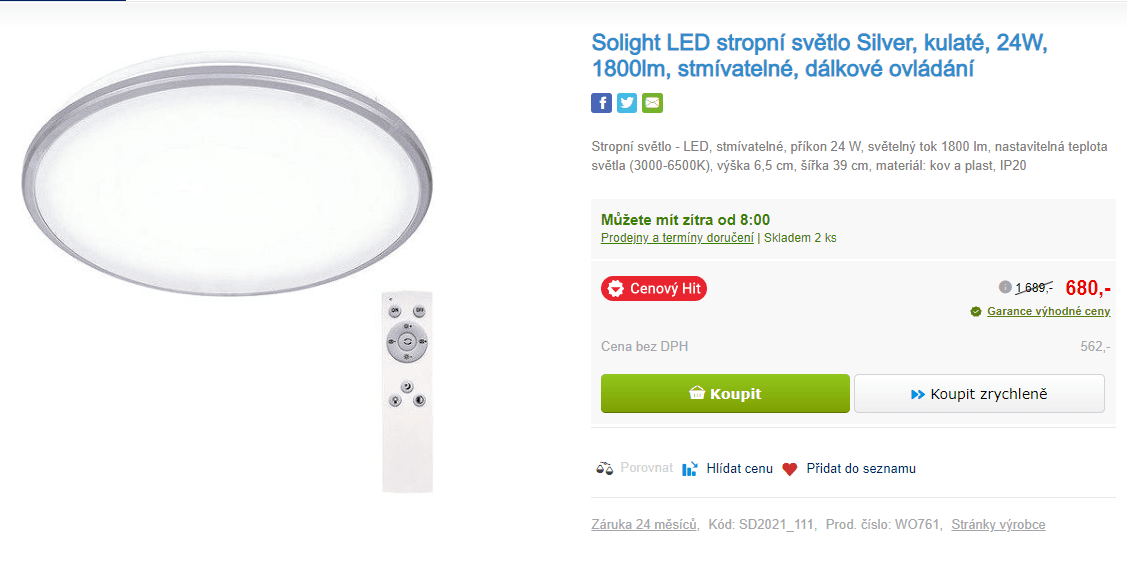 Stropní LED světlo Solight, stmívatelné