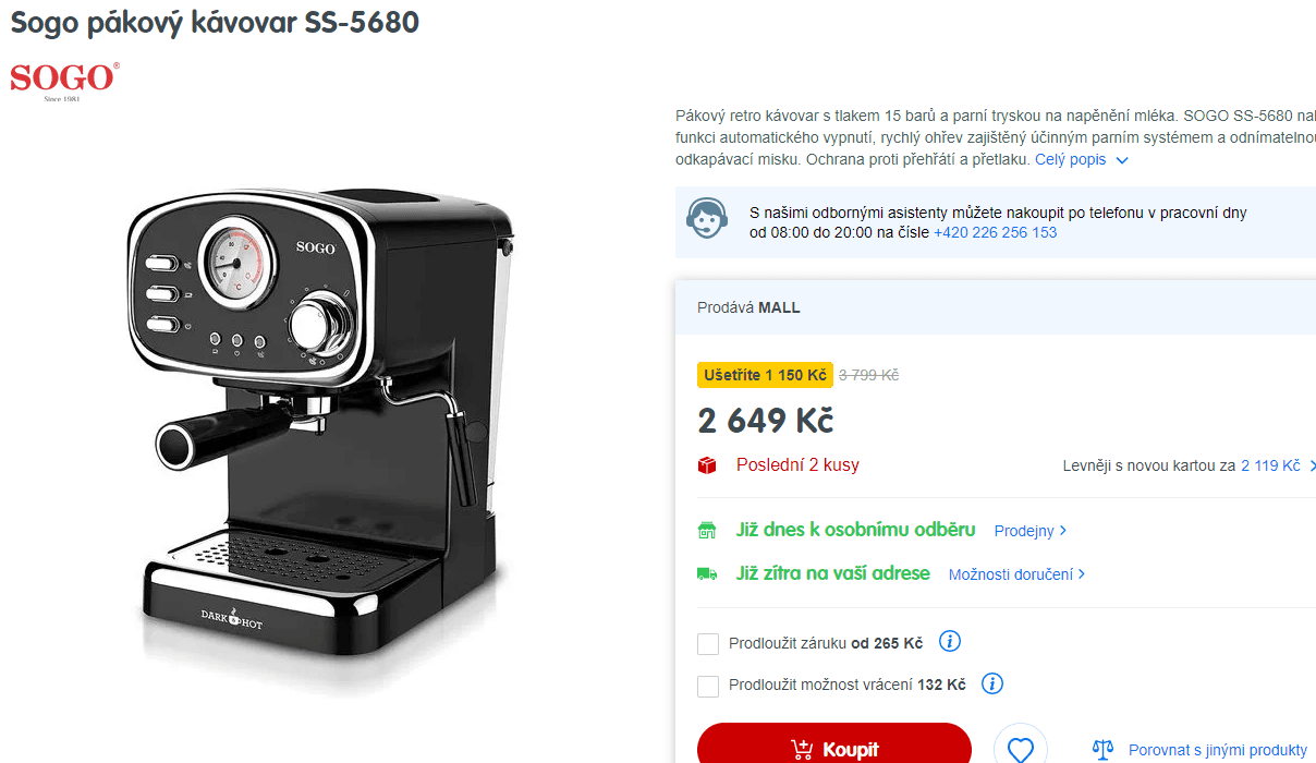 Pákový kávovar Sogo, retro