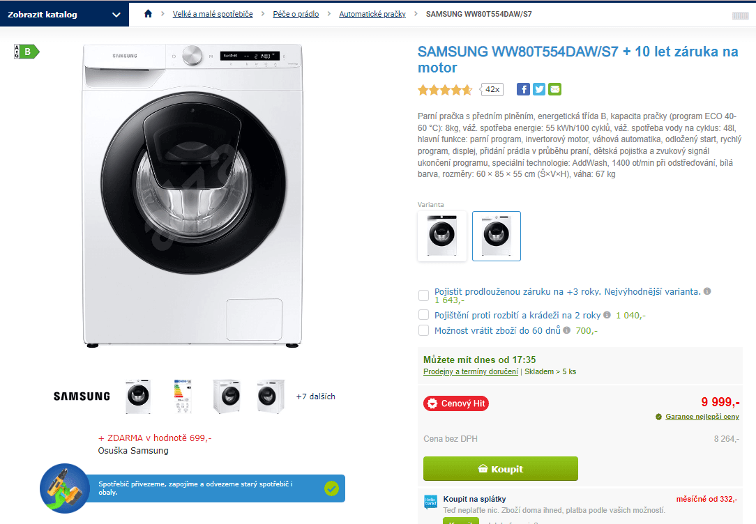 Parní pračka Samsung, 8kg, 1400ot., technologie