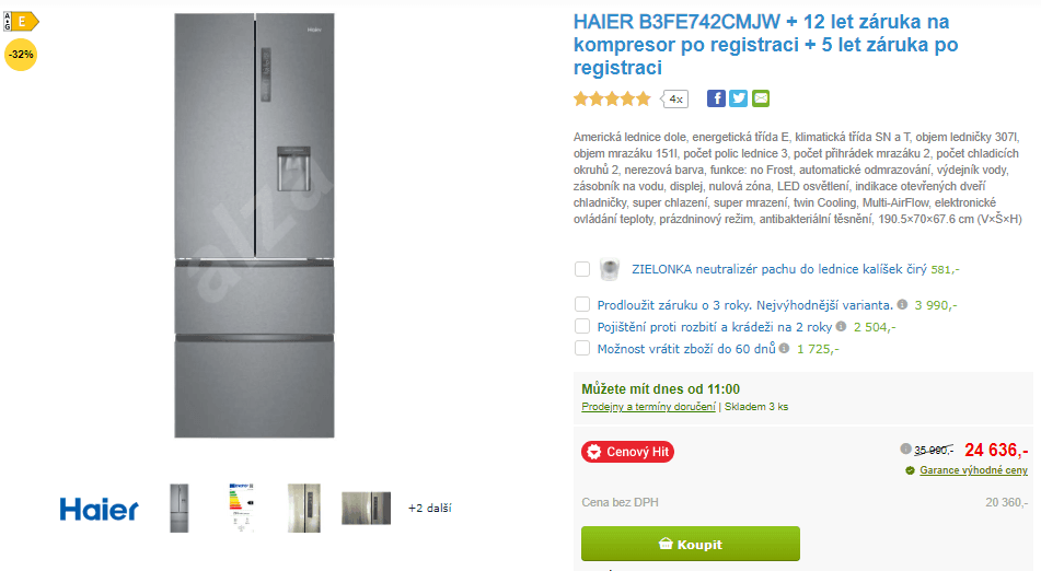 Americká lednice Haier, voda, 191cm