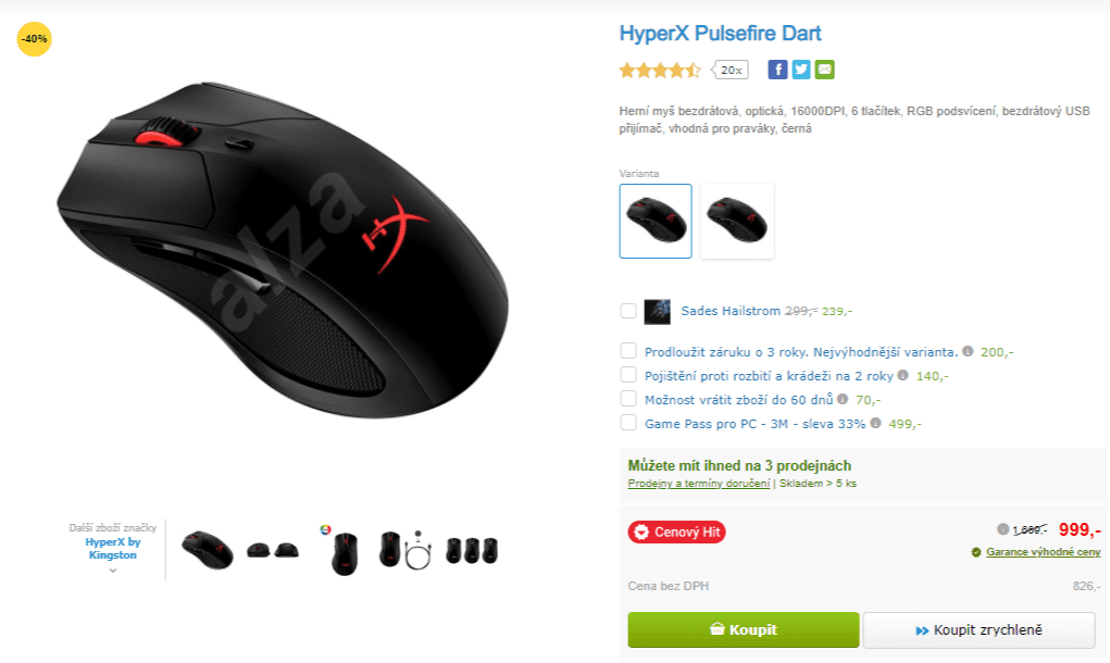 Bezdrátová herní myš HyperX Pulsefire