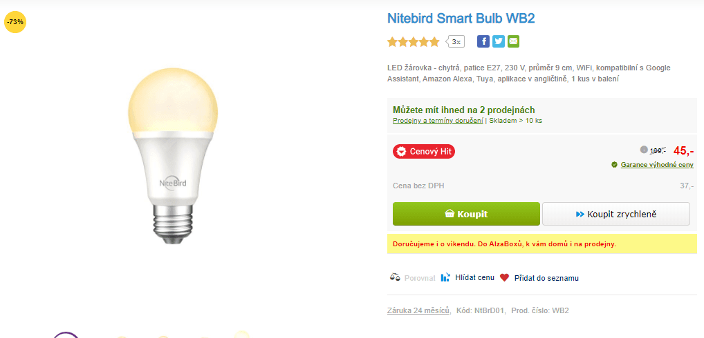 Chytrá LED žárovka Nitebird, 75W, Wifi