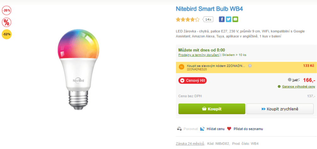 Chytrá LED žárovka, E27, Wifi, 75W