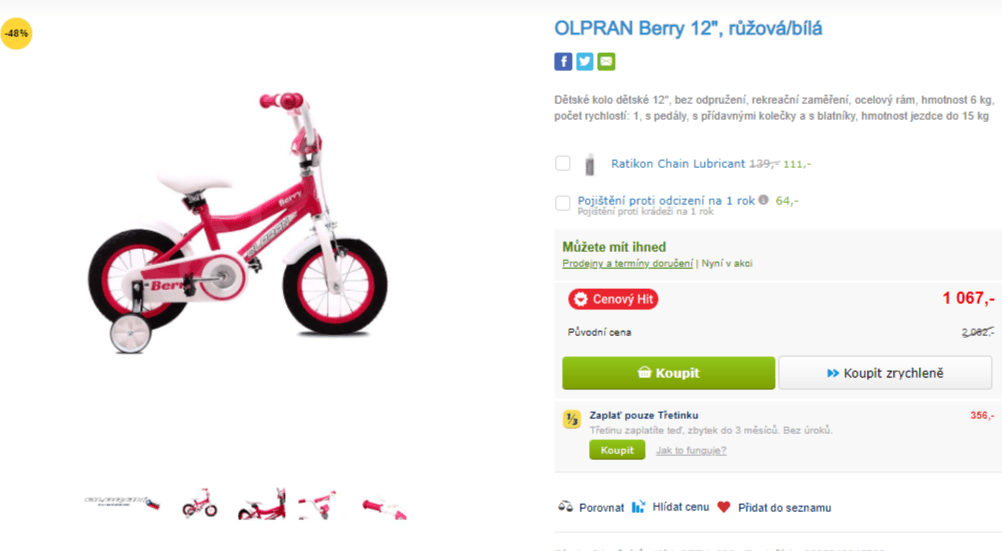 Dětské kolo Olpran Berry, 12", pedály i kolečka