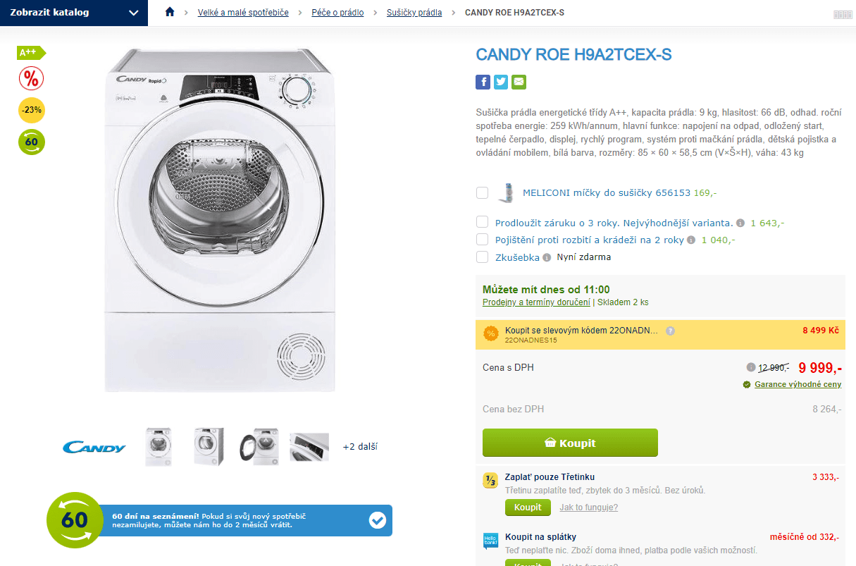 Sušička prádla Candy,  A++, 9 kg
