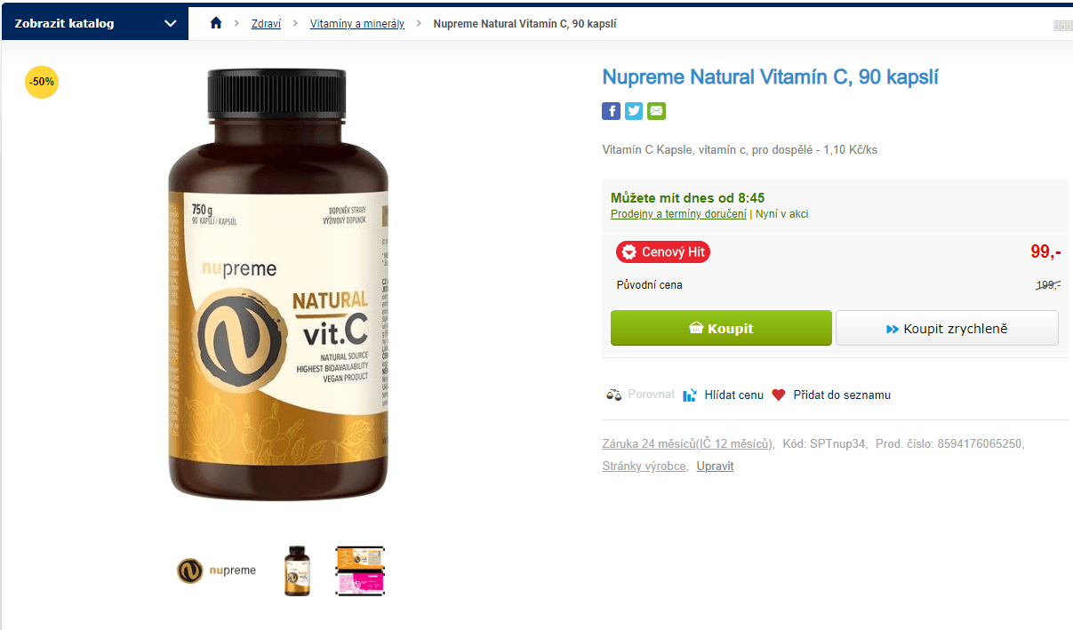Vitamín C Natural Nupreme, 90 kapslí