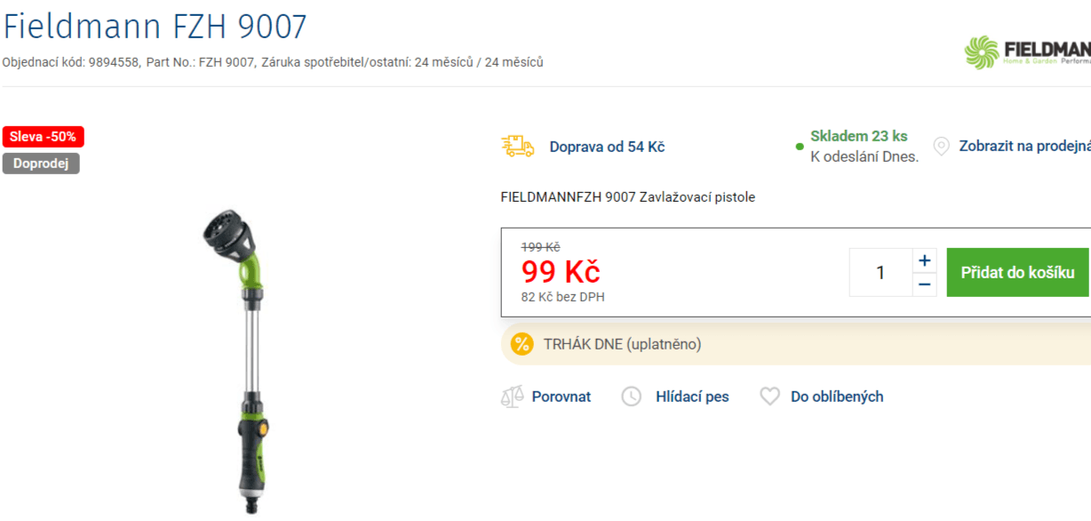 Zavlažovací pistole Fieldmann, 8 pozic