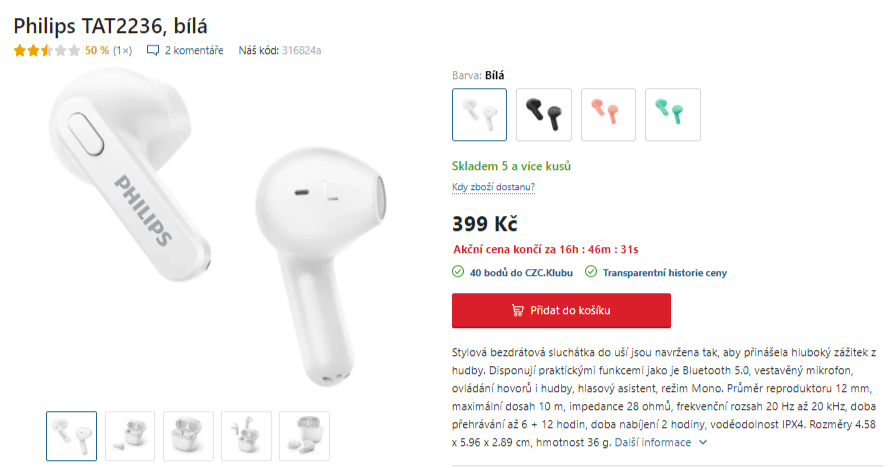 BT sluchátka Philips, 18 hodin