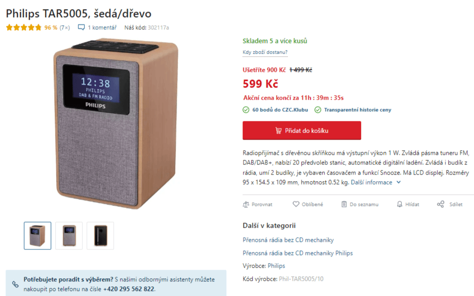 Rádio Phillips, DAB+, budík, 1W