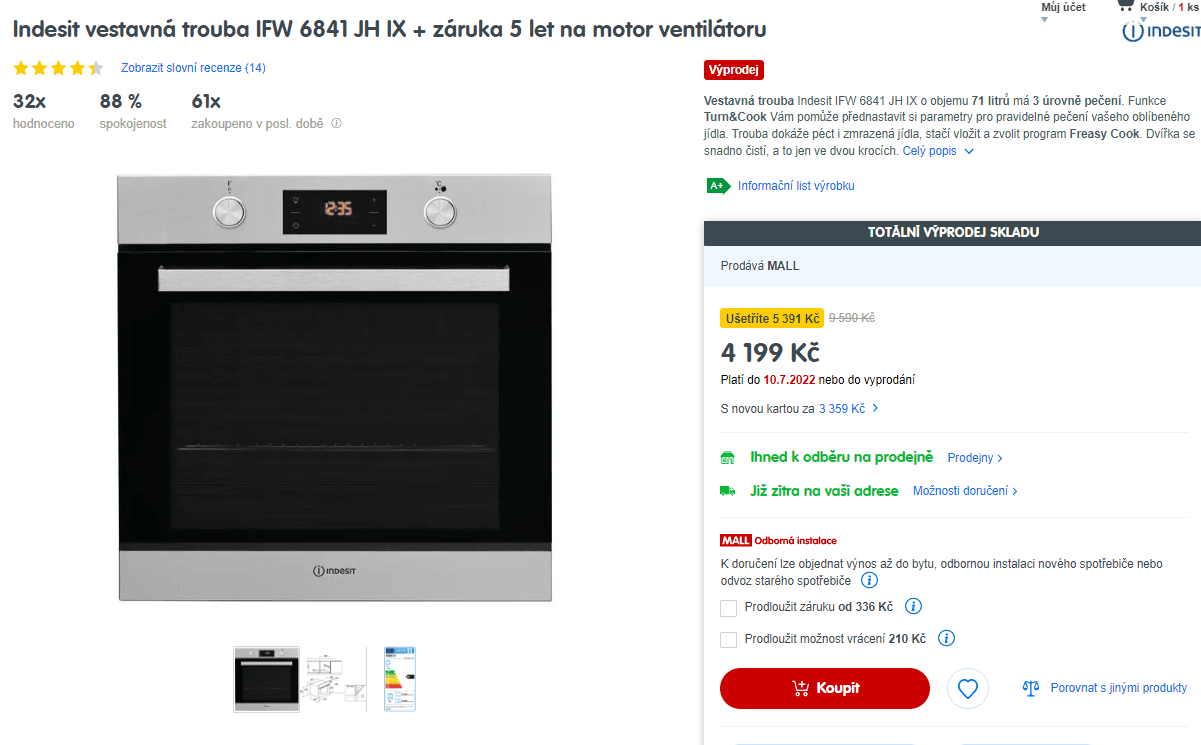 Vestavná trouba Indesit, gril, 71 litrů