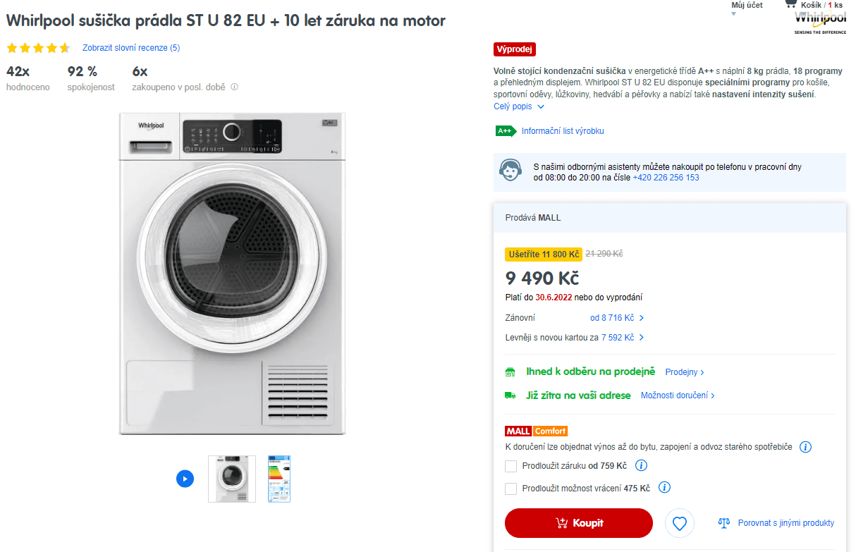 Sušička prádla Whirlpool, A++, 8 kg, 18 prog.