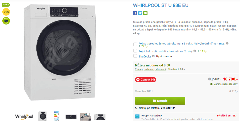 Sušička prádla Whirlpool, 9kg, A+++