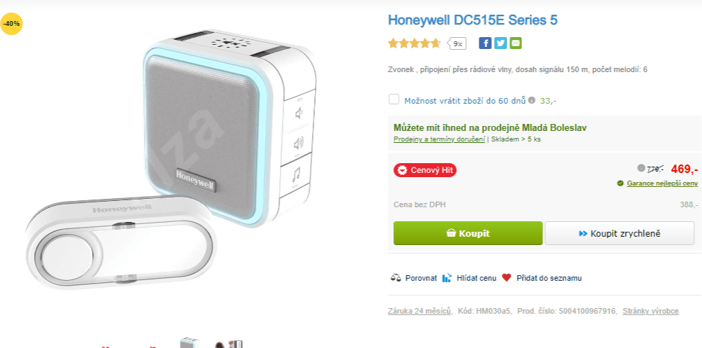 Bezdrátový zvonek Honeywell, 150m