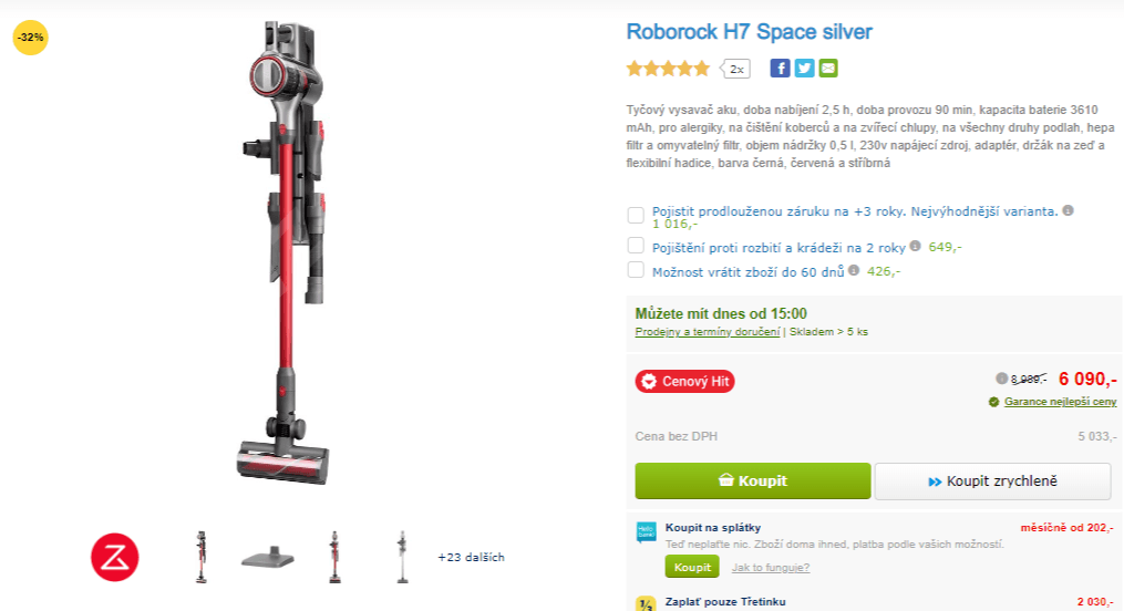 Tyčový AKU vysavač Roborock, 90min