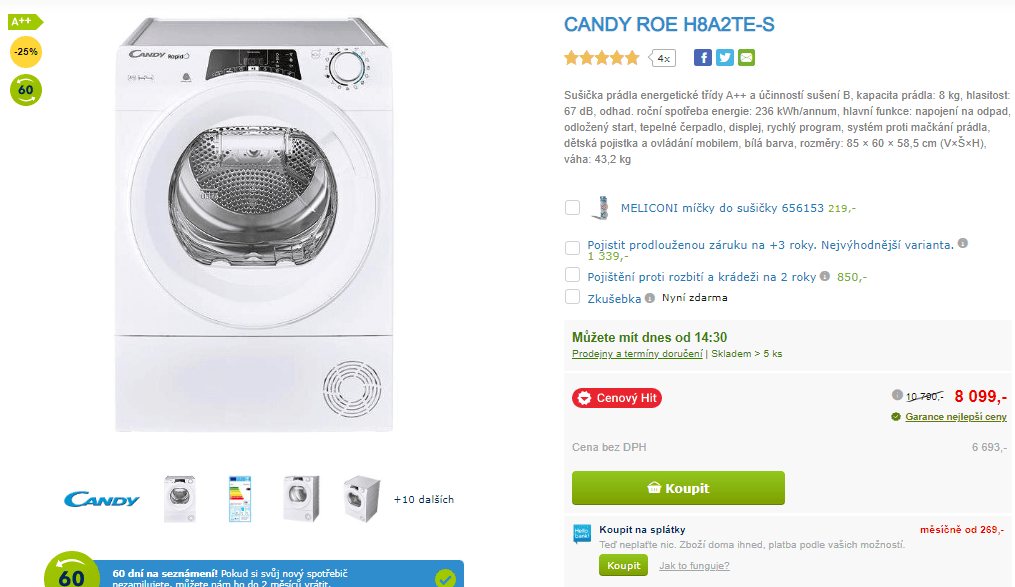 Kond. sušička Candy, A++, 8 kg, WiFi