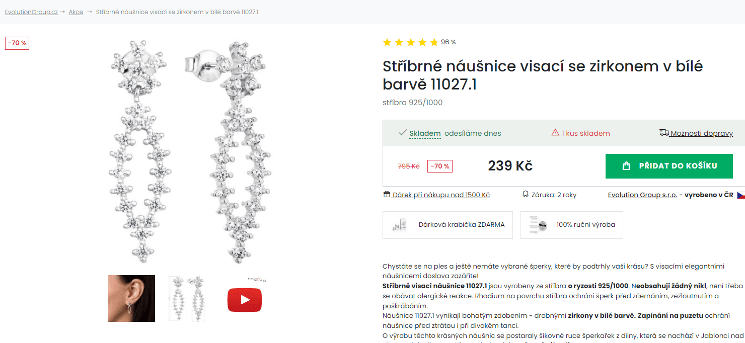 Stříbrné náušnice visací se zirkonem