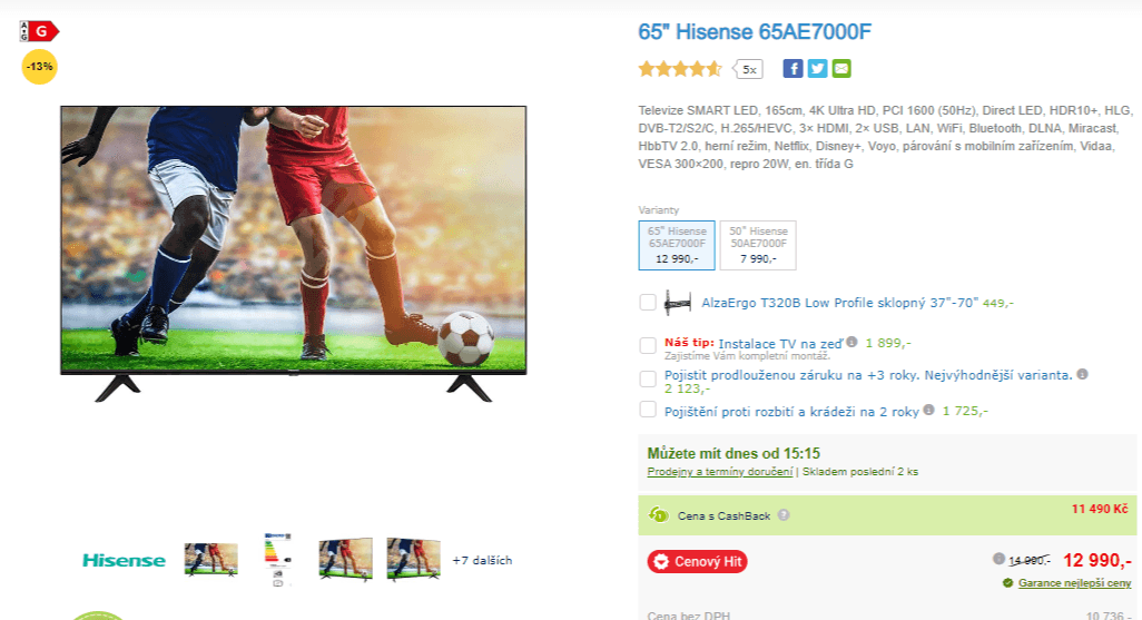 4K Smart TV, 164cm, HDR, Hisense