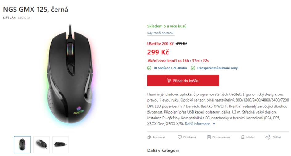 Herní myš NGS, LED, USB