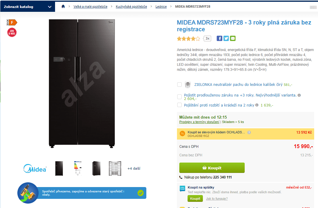 Americká lednice Midea, 193/344l, NF, led