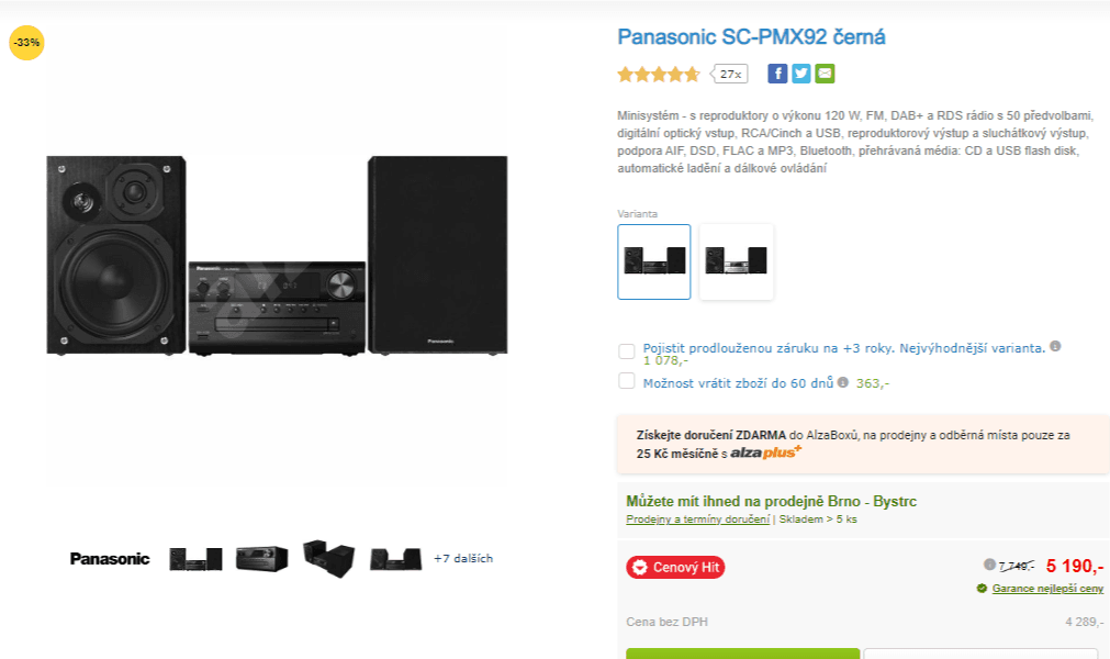 Mikrosystém Panasonic, 120W, BT, DAB+, CD, USB