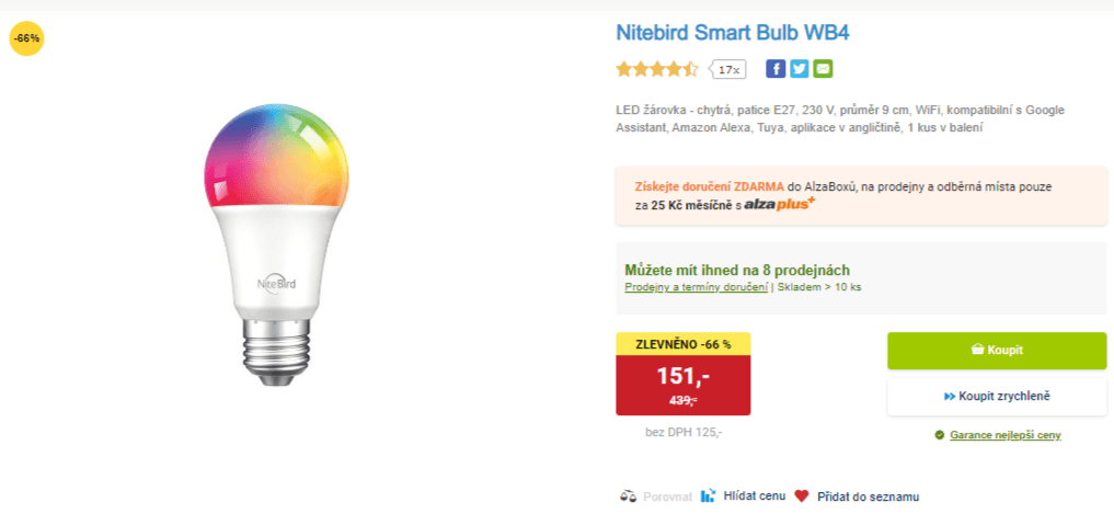 Chytrá LED žárovka, E27, Wifi, 75W