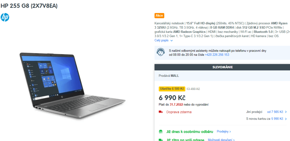 HP, 3,5GHz, 8GB RAM, SSD, 15,6"