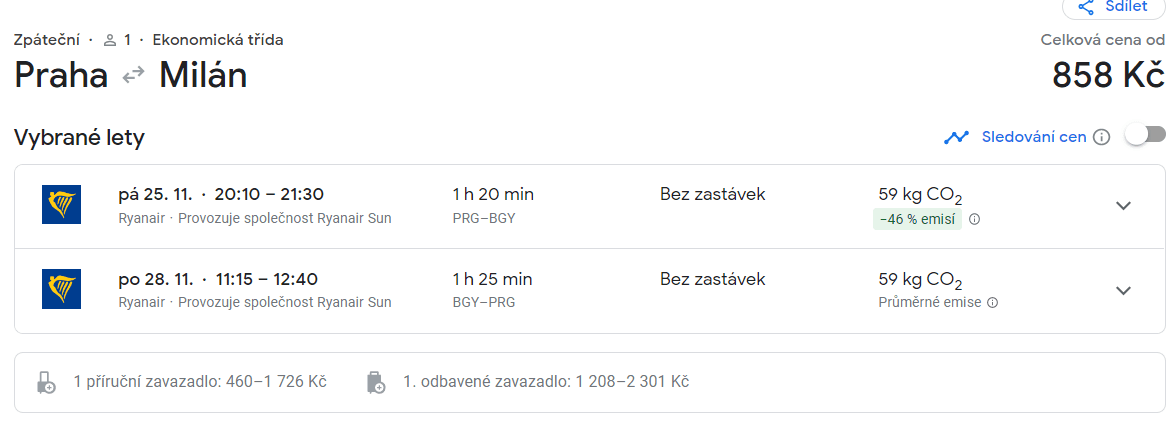 Zpáteční letenky Praha - Milán