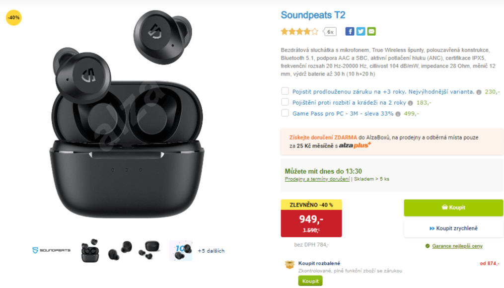 BT sluchátka Soundpeats, ANC, TWS