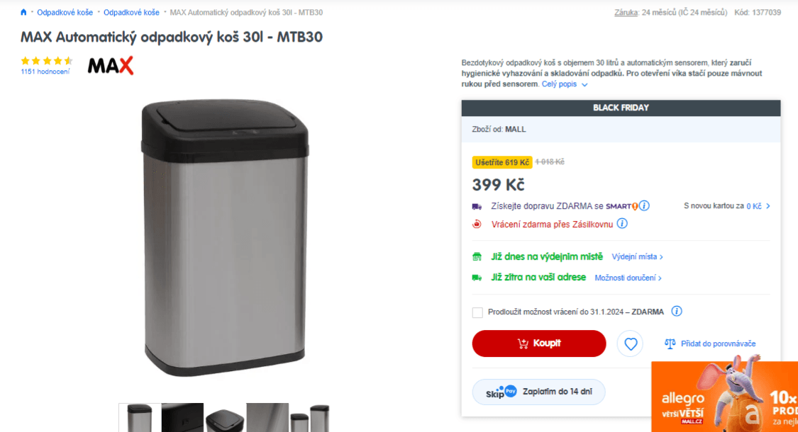 Bezdotykový odpadkový koš Max, 30 litrů